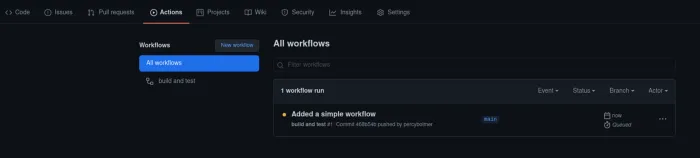 Entering Actions again will reveal the name of the commit and the status of the workflow.