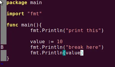B indicating the breakpoint