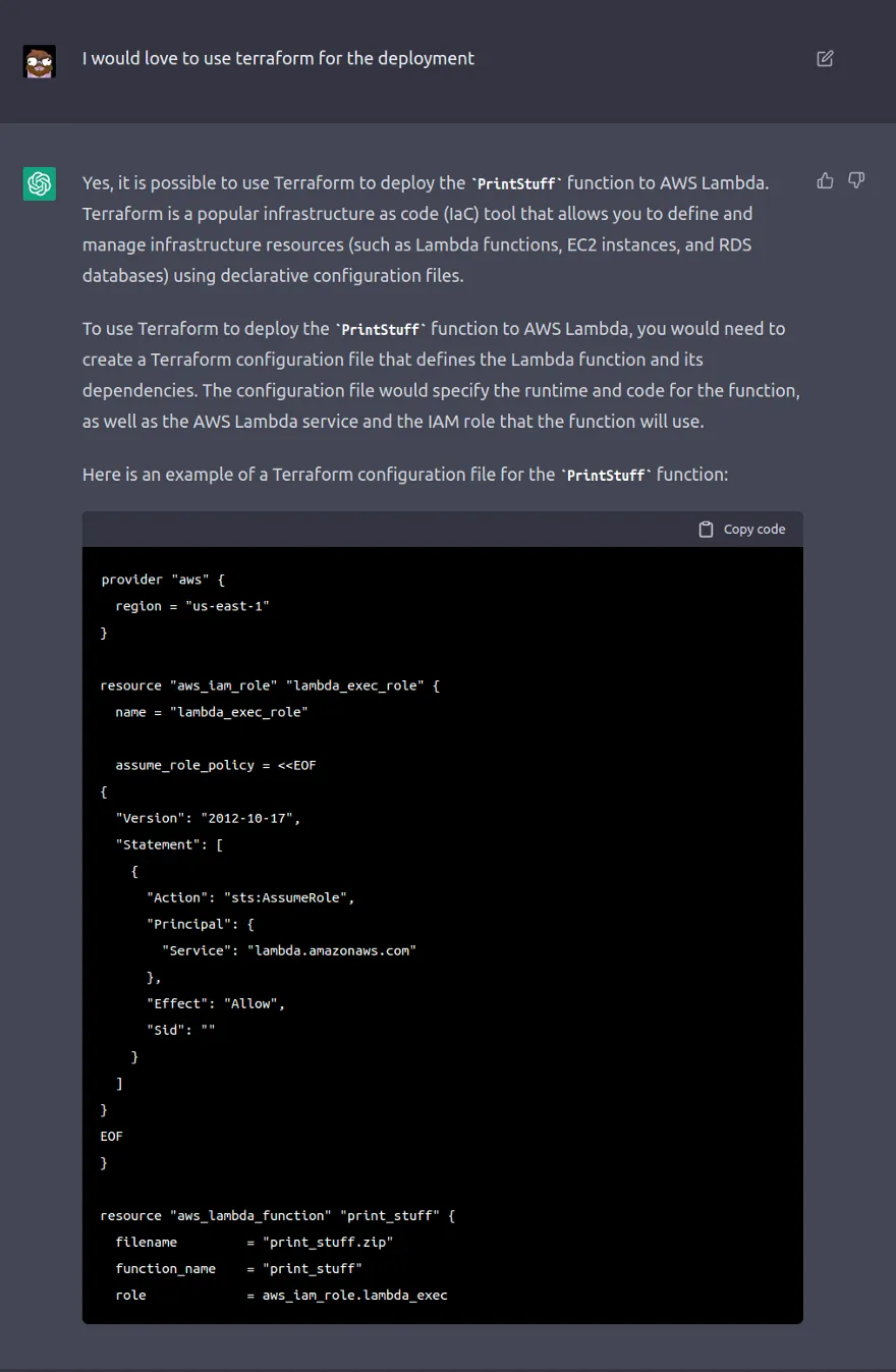 ChatGPT generating a Terraform deployment