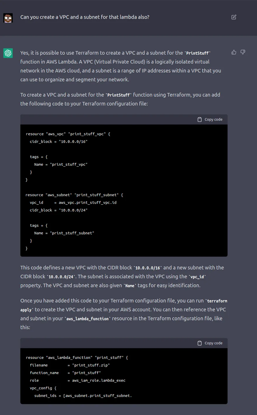 ChatGTP creating VPC and Subnets