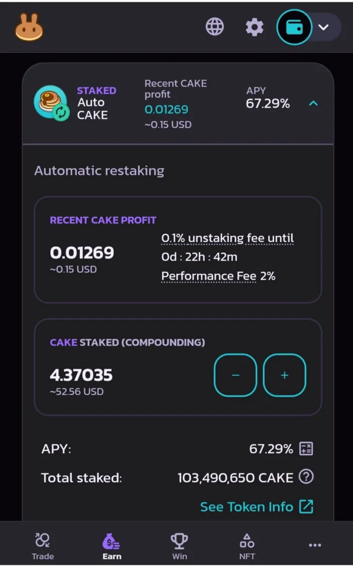 PancakeSwap — AutoCake Pool with a few CAKE staked