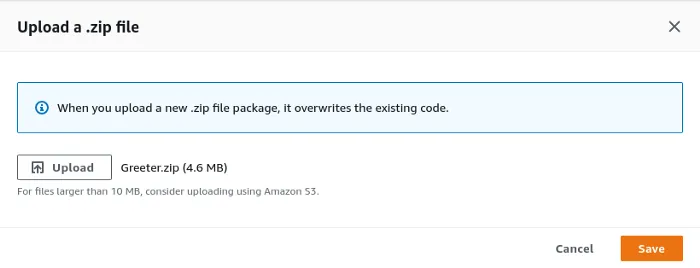 AWS Lambda — I upload the Greeter.zip into my Greeter function