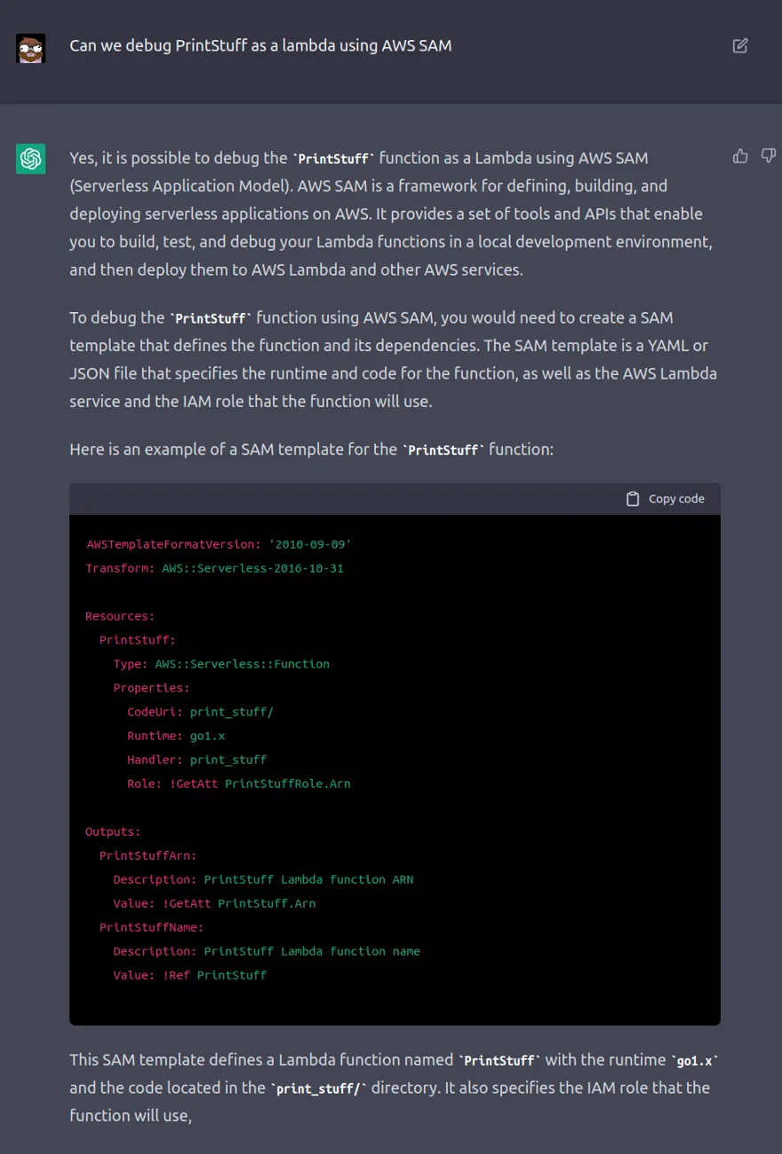 ChatBot gives us a full template file for SAM with the Lambda