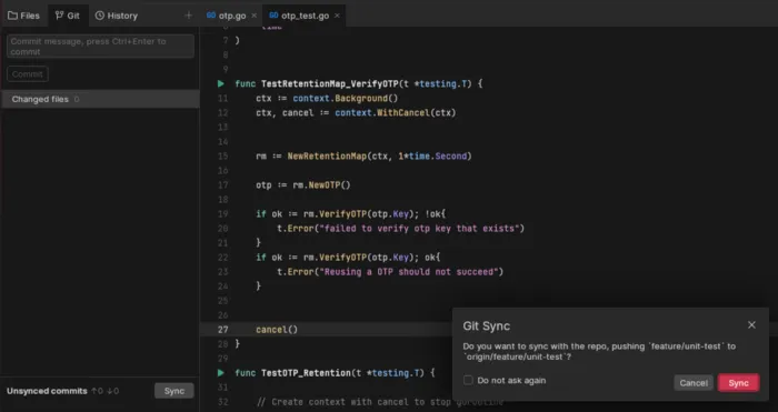 Using Sync to push the commits we have locally