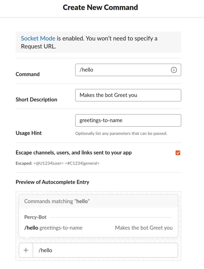 Slack — Adding a new slash command to hello usernames