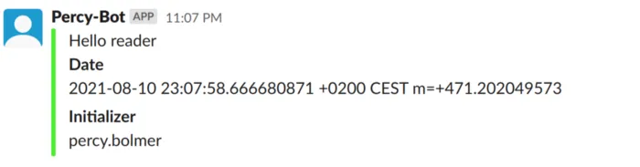 Slack — Output from the /hello command