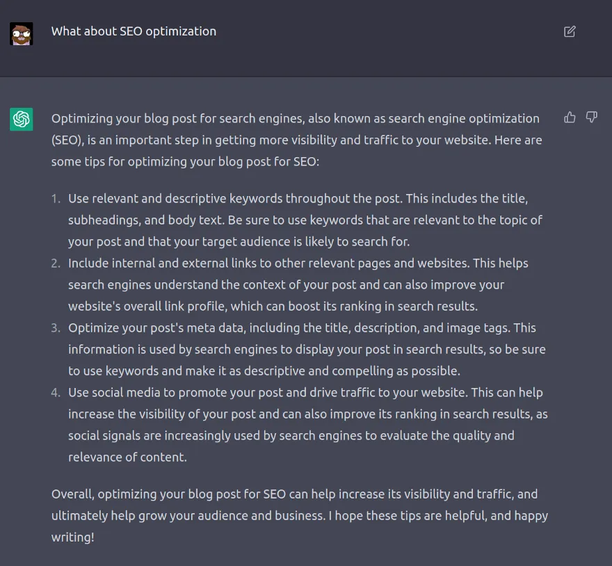 ChatGPT Providing SEO tips & tricks