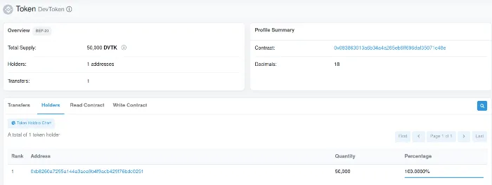 DevToken — Block chain explorer showing our Token