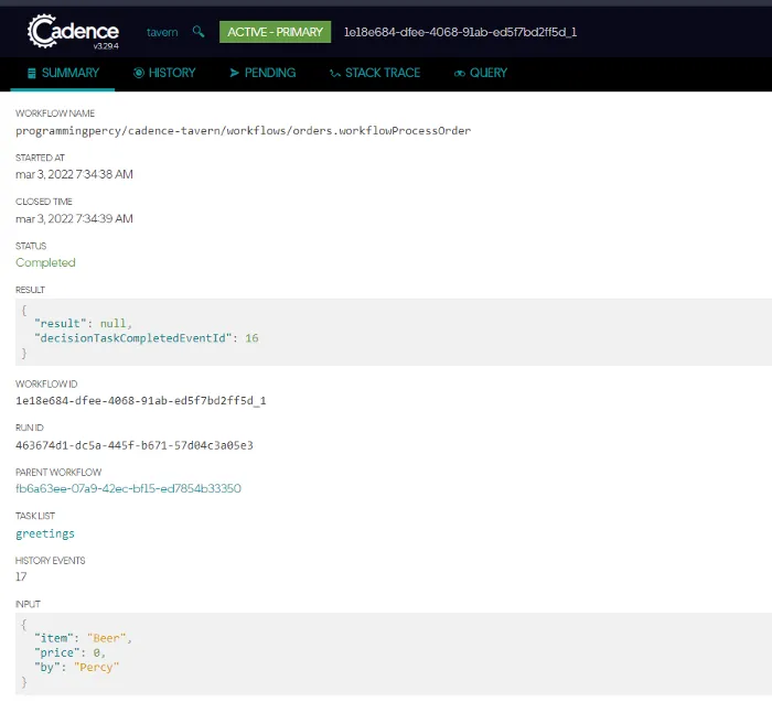Cadence Child Workflow showing executing information about parent etc.