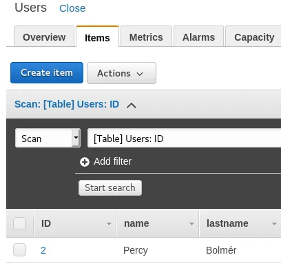 AWS DynamoDB — The database should have an Item registered after running the test.