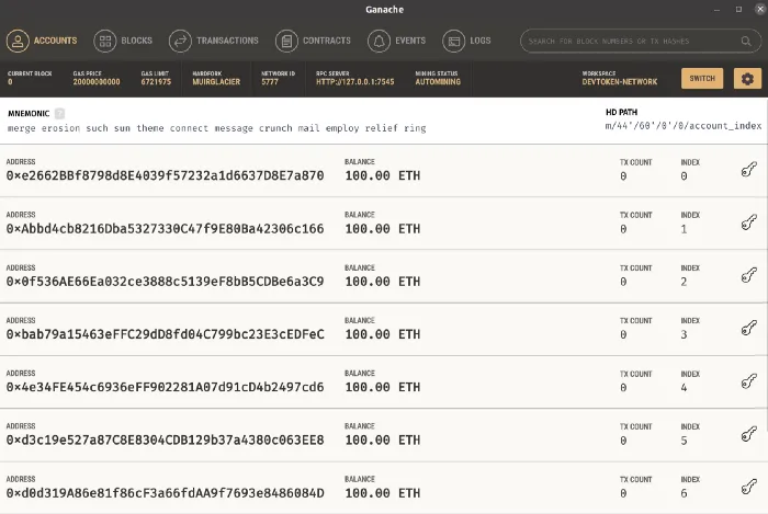 Ganache — Network account overview