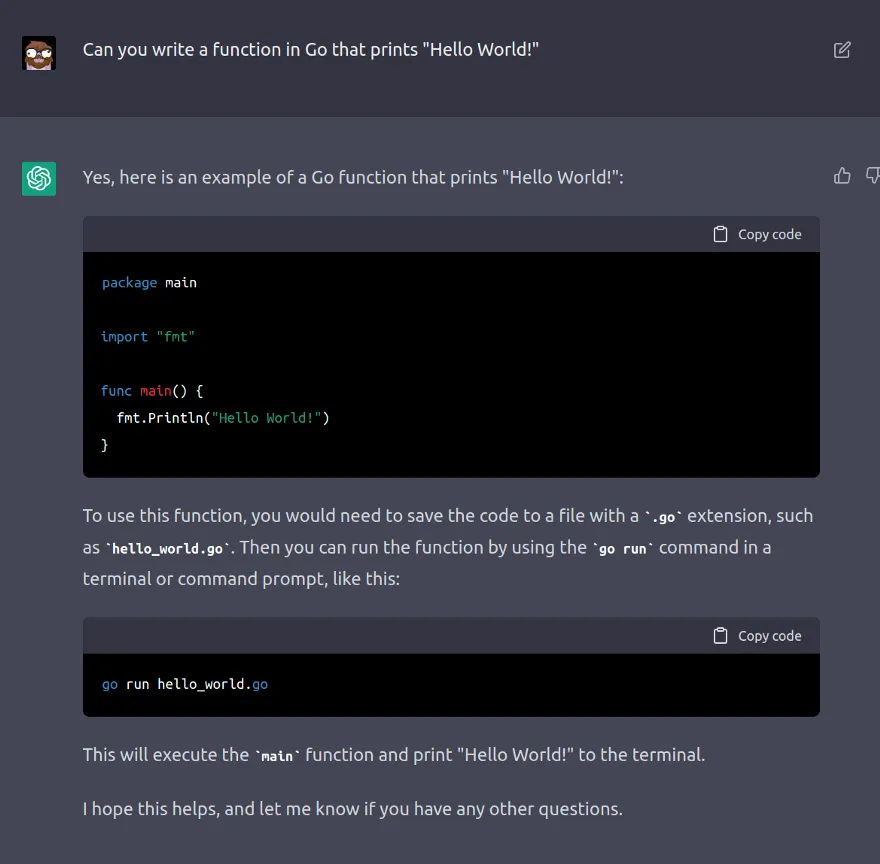 ChatGPT Generating a Hello World program and telling us how to use it