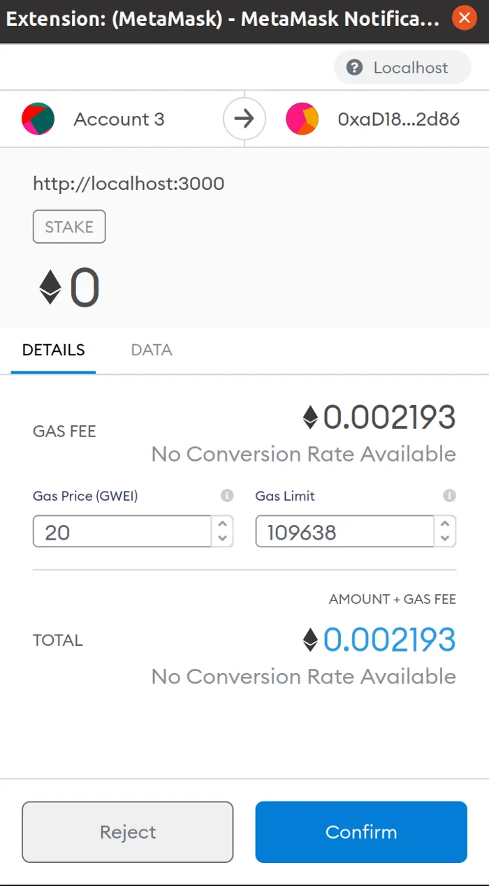 DApp — Stake transaction in MetaMask