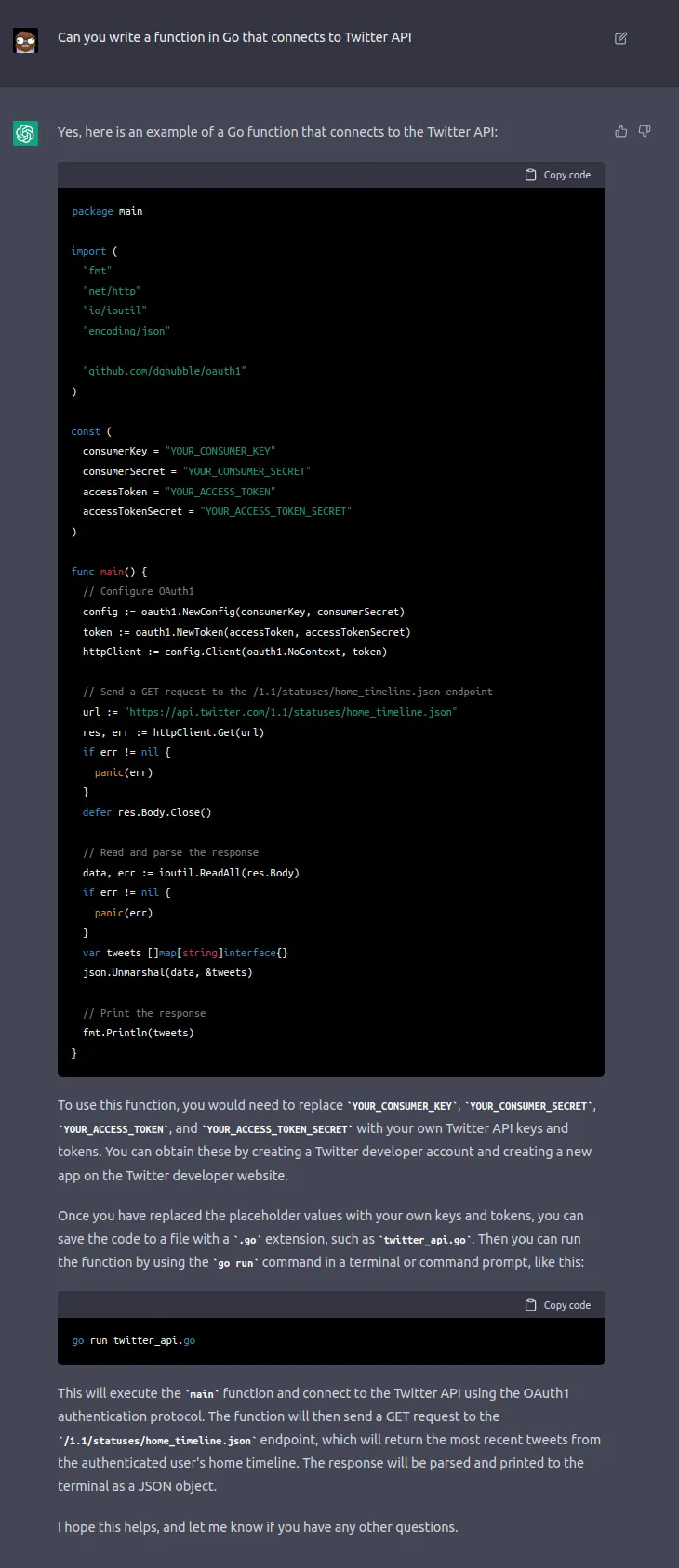 ChatGPT connecting to Twitter API in Go