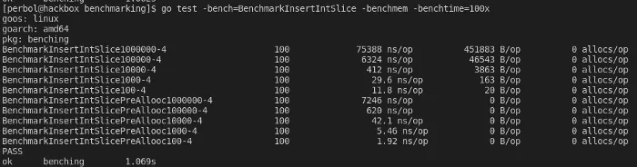 Shows the benchmark of using slices instead