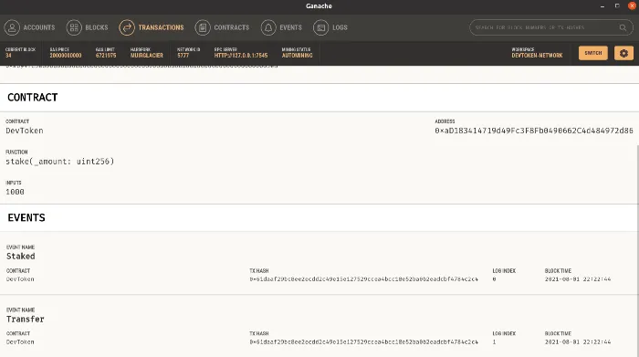 Ganache — Transaction details shows us the Events